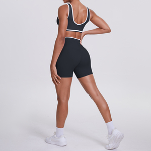 High Waist Yoga Set Racerback <b>Crop</b> <b>Top</b> Shorts Seamless Solid Black White Trim Four-Way Stretch Sportwear - Product Image 6