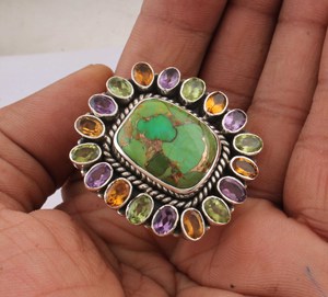 Anillo de Plata de Ley 925 con Turquesa Verde Natural y Múltiples Piedras Preciosas, Anillo de Piedras Mixtas, Estilo Vintage, Colorido - Product Image 2