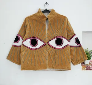 Handmade <b>Velvet</b> Mustard Eye Embroidery <b>Jacket</b> <b>Women's</b> Boho Chic Open Front Ethnic Fashion Coat - Product Image 1