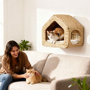 Casetta per Gatti da Parete Stile Classico, Mobile in Legno per Animali Domestici, Mensola a Muro per Gatti con Cuscino Lavabile per Uso Interno - Product Image 2