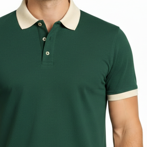 Chemise Homme Vert Foncé de Haute Qualité avec Bordure Contrastante Beige, en Coton Jersey Tricoté Uni, Luxe, Décontractée et Respirante - Product Image 3