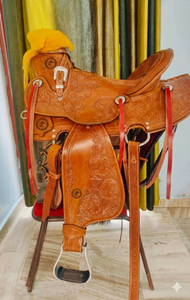 Silla de montar western personalizada para carreras de barriles, de cuero repujado de alta calidad, para equitación de placer y senderismo, proveedor de la India - Product Image 3