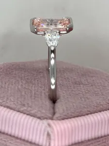 Anillo de compromiso de diamante rosa talla esmeralda, anillo de tres piedras con zafiro melocotón, anillo de boda de oro blanco con media engaste y piedra lateral en forma de pera, regalo. - Product Image 3