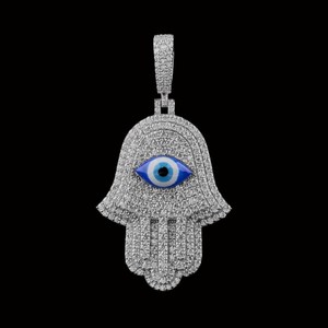 Collier Pendentif Main de Hamsa et Œil Turc en Métal Argenté et Moissanite, Luxe, Sertissage Pavé, Bijoux de Mode Unisexe - Product Image 3