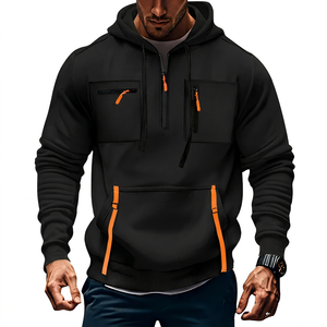 Sweat-shirt à capuche mi-zippé kaki pour homme avec plusieurs poches, fermeture éclair orange, vêtement décontracté pour l'extérieur, coupe classique, style automne - Product Image 2
