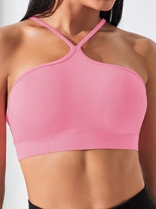 Seamless High Support Halter Neck Sports Bra Crisscross Cami Strap Workout <b>Crop</b> <b>Top</b> Ribbed Underband Yoga Gym Vest Spandex/Nylon - Product Image 1