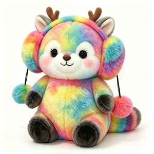 Orejeras de pompón personalizadas con diseño de ciervo de peluche, suaves orejeras de pompón de ciervo de peluche con efecto tie-dye arcoíris, temática de bosque arcoíris - Product Image 5