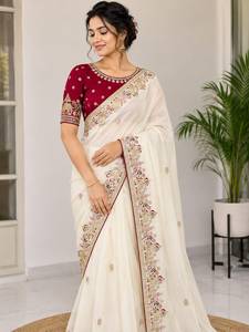 ผ้าซารีจอร์เจตต์ลายดาว พร้อมงานปักดิ้นและเลื่อม ดีไซน์เนอร์ C Pallu  ตกแต่งขอบด้วยผ้าปิ๊ปปิ้ง พร้อมเสื้อผ้าซาตินบังลอรีปักลาย - Product Image 3