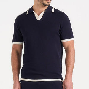 Men's <b>Navy</b> Knit <b>Polo</b> <b>Shirt</b> Short Sleeve Solid Color Casual Regular Fit Cotton Collared Breathable Style - Product Image 3