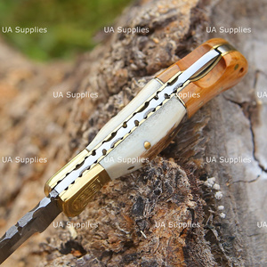 UA Supplies Hand Engraved Eagle Brass Accent Damascus Steel Back <b>Lock</b> Folding Pocket Knife Luxury Handmade EDC Hunting - Product Image 6