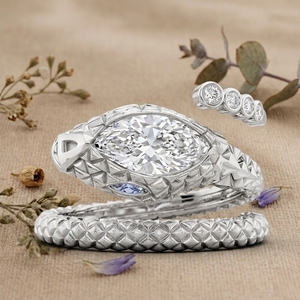 Lab Grown Marquise Diamond <b>Ring</b> <b>Set</b> Geometric Textured Band 14K 18K White <b>Gold</b> Rhodium Plated Modern Bridal Engagement <b>Ring</b> IGI - Product Image 5