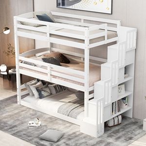 Letto a Castello Triplo Bianco Misura Twin con Scala Contenitore e Design Separato per Bambini - Product Image 2