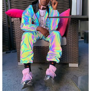 Rainbow Holographic Tracksuit Full <b>Zip</b> <b>Hooded</b> Lightweight Polyester Streetwear Summer Casual Outfit With Side Pockets - Product Image 6