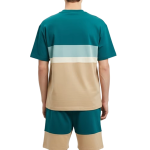 Conjunto de Camiseta y Pantalones Cortos para Hombre con Bloques de Color, Cuello Redondo, Estilo Casual de Verano, Tejido Transpirable de Algodón - Product Image 2
