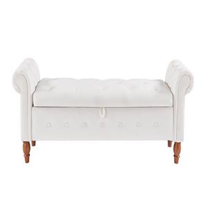 Panca contenitore in velluto beige per fondo letto, divanetto imbottito portaoggetti con gambe in legno massello - Product Image 4