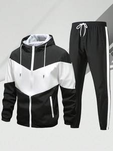 Ensemble de survêtement à capuche pour hommes, veste et pantalon coupe-vent avec fermeture éclair, tenue sportive deux pièces - Product Image 1