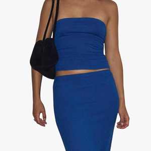 Women's Strapless Tube Top <b>Set</b> Blue Knitted Two Piece Full Length Solid Color Breathable Spandex Polyester Regular Fit Maxi <b>Sets</b> - Product Image 4