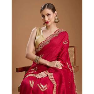 Sari de Satén de Diseño Artesanal para Fiestas, Silueta Recta con Lentejuelas y Bordado Zari Dori - Product Image 4