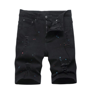 Shorts de Mezclilla Negros Rotos para Hombre con Estampado Colorido, Cintura Alta, Cierre Elástico, Casuales, de Secado Rápido - Product Image 1