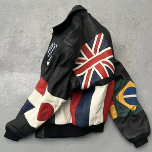 Vintage Multi Flag Leather Bomber Jacket 90s Hip Hop Streetwear Oversized Black Leather Bomber <b>Coat</b> OEM Style - Product Image 1