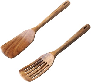 Espátula larga de madera sin pulir Utensilios de madera de teca natural incluyendo cuchara de madera - Product Image 1