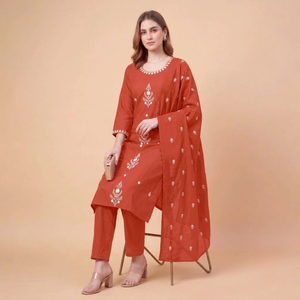 Festive Elegant Clothing Premium Rayon <b>Womens</b> Embroidered <b>Kurta</b> Pant Dupatta Set Ethnic Wear Premium rayon <b>women</b>’s embroidered - Product Image 1