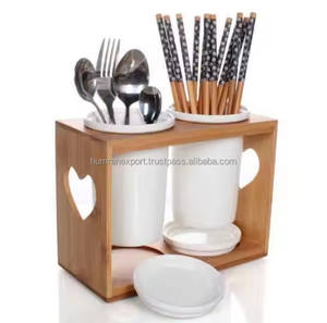 Humran Export Porte-cuillère rustique avec compartiments Porte-cuillère en bois pour comptoir de cuisine - Product Image 1