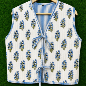 Women's Handmade Pure Cotton <b>Quilted</b> Vest Reversible Floral Block Print Sleeveless <b>Jacket</b> Tie Front Waistcoat Lightweight <b>jacket</b> - Product Image 4