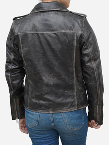 Chaqueta de Motociclista para Mujer, de Cuero Genuino Negro Envejecido, Impermeable y Transpirable, Estilo Vintage, Talla Grande, para Primavera - Product Image 5