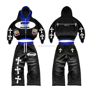 ชุดวอร์มผู้ชายแบบมีโลโก้สั่งทำพิเศษ ประดับคริสตัล ทรงขาบาน พิมพ์ลายพัฟฟ์ ผ้าฟลีซหนานุ่ม 400GSM แบบดิสเทรส - Product Image 3