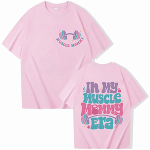 Camiseta Rosa para Mujer, Estilo Muscle Mommy, Corte Holgado, Cuello Redondo, Manga Corta, Informal, Estampado Digital, Algodón, Primavera Verano - Product Image 1