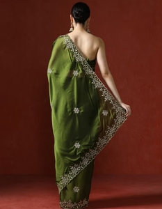 KV Green Embellished <b>Satin</b> Silk Sequined <b>Saree</b> With Unstitched Blouse - Product Image 2