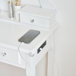 Set Toeletta Illuminato a 3 Colori Dimmerabili con Presa di Corrente, Tavolo da Trucco in Vetro e Sgabello Imbottito per Camera da Letto, Bianco - Product Image 3