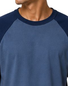 Camiseta raglán azul marino y azul acero personalizada para hombre, de manga corta, cuello redondo, algodón, estilo casual con bloques de color. - Product Image 5