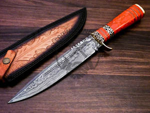 มีดโบวี่เหล็กดามัสกัสทำมือรุ่นใหม่ พร้อมด้ามทองเหลืองประดับหินสีแดง ใบมีดคมแบบตายตัว มีดยุทธวิธี มีดเอาตัวรอด - Product Image 5