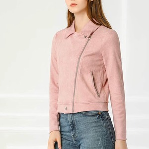 <b>Women</b> Pink Suede <b>Moto</b> <b>Jacket</b> Turn Down Collar Zipper Motorcycle Biker Coat - Product Image 4