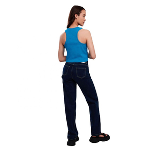 Camiseta sin mangas de punto azul para mujer, cuello redondo, color liso, estilo casual, transpirable y ajustada - Product Image 6