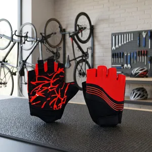 High Quality Half Finger Leather Cycling <b>Gloves</b> Red <b>Black</b> Unisex Summer Fitness Workout with Hook Loop Closure - Product Image 5
