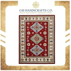 Tapis géométrique oriental rectangulaire rouge en laine et acrylique noué à la main, à poils moyens, avec envers antidérapant en caoutchouc, pour la décoration du salon - Product Image 2