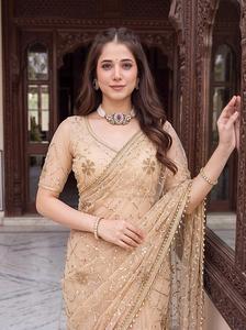 Indian Ethnic Fancy Designer Wedding Saree with Heavy Net Material Embroidery Sequins Work Trendy Women Fit - Product Image 2
