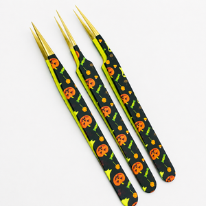 Pinzas para Pestañas de Halloween Personalizadas Premium, Mango con Estampado de Calabaza, Acero Inoxidable Dorado, Ecológicas, Duraderas, Kit Completo - Product Image 4