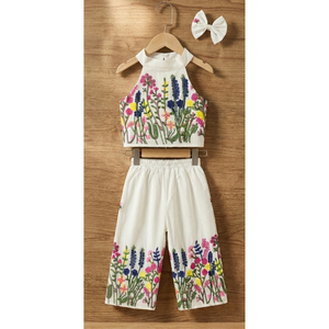 Conjunto coordinado premium para niños, sin mangas, de algodón khadi, con top corto con bordado floral dori, pantalón largo y lazo, para fiestas. - Product Image 4