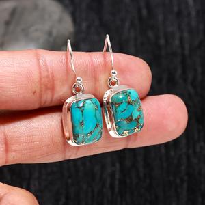 Blue Copper Turquoise 925 Sterling Silver Rectangle Cut Gemstone Hook <b>Earrings</b> December Birthstone <b>Handmade</b> Jewelry Gift for Her - Product Image 1