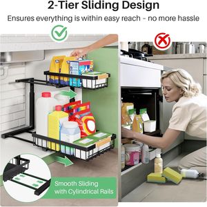 Organizador Bajo Fregadero de 2 Niveles, Estante Deslizable Metálico para Gabinete de Cocina - Product Image 6