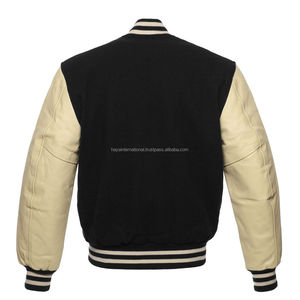 Chaqueta Casual Varsity de Lana Negra y Cuero Genuino con Cuello Alto, Decoración Bordada, Logotipo Frontal, Cortavientos Softshell para Exteriores - Product Image 3