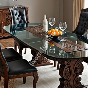 Product Name Luxury Handcrafted <b>Solid</b> <b>Wood</b> 6 Seater Dining <b>Table</b> Set Ornate Carved Base Premium Glass <b>Top</b> Decor --- - Product Image 4
