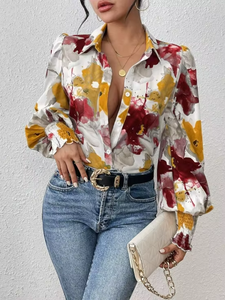Women Watercolor Floral Print Blouse Long Sleeve Button Down Shirt Ruffle Hem Casual Fashion <b>Top</b> - Product Image 1