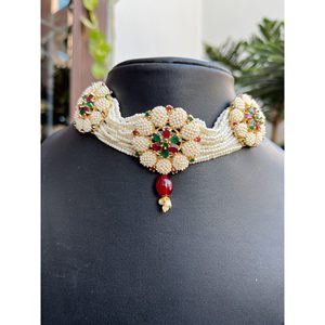 Alloy <b>Red</b> Green Choker Set For Women Bridal Wedding Jewelry Indian Ethnic Export Quality - Product Image 3