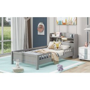 Letto a piattaforma in legno grigio antico per bambini, con luci LED integrate, testiera contenitore e sponda di protezione - Product Image 4