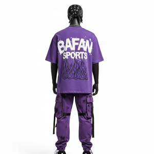 Ensemble t-shirt et pantalon cargo homme en coton polyester premium 240 GSM, imprimé flamme violet noir, logo personnalisé, 2 pièces - Product Image 2